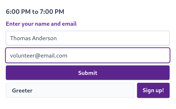 Screenshot from signup.casa showing how to sign-up with only a name and email address.